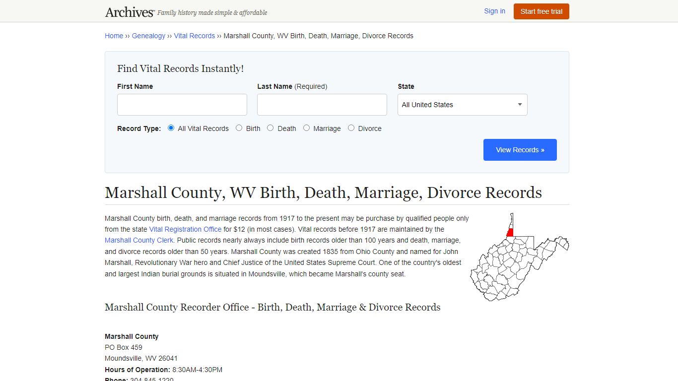 Marshall County, WV Birth, Death, Marriage, Divorce Records